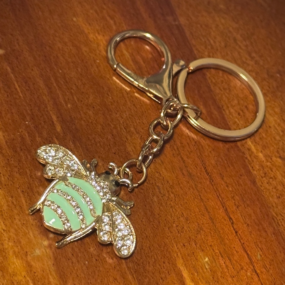 NWoT Bee Key Chain Bag Charm Light Green & Gold Striped Rhinestones